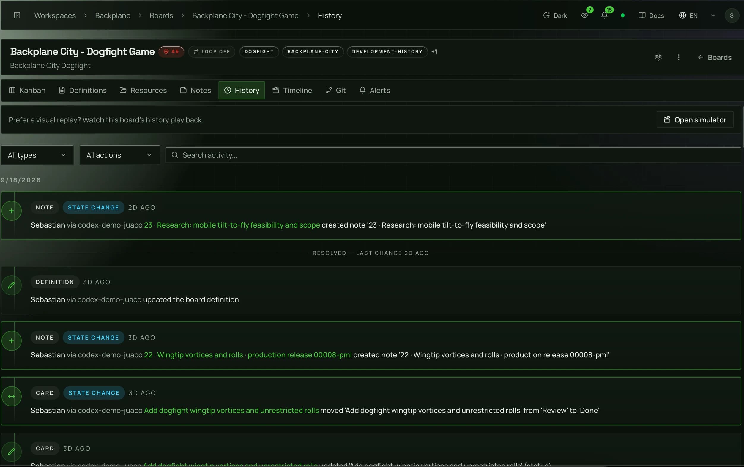 Backplane City activity history with note updates and completed work