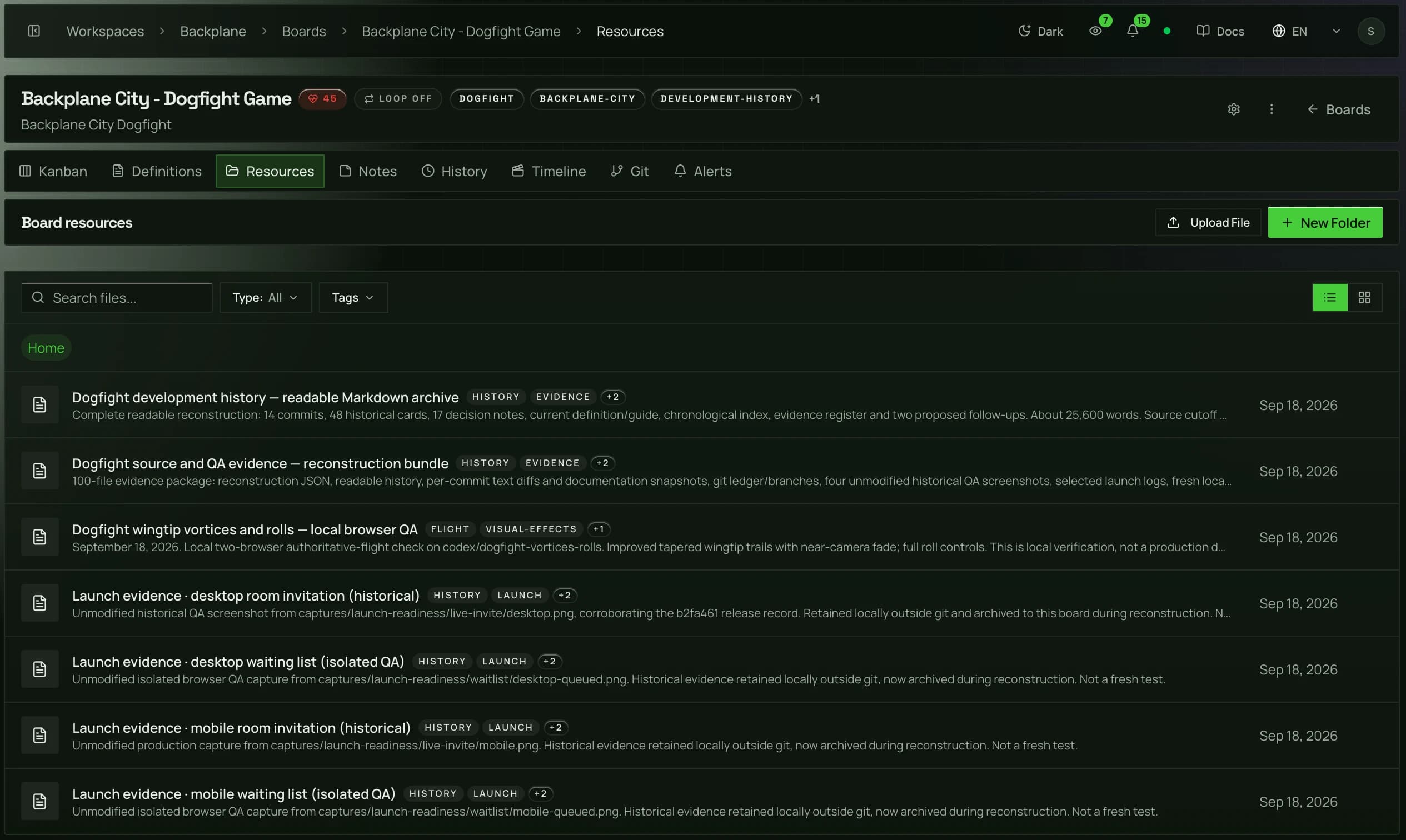 Backplane City resources with development archives and launch QA evidence